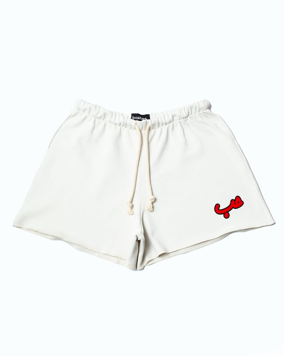 Flared off white Short with Hobb written in Arabic حب and printed in red silkscreen on the side of the short.