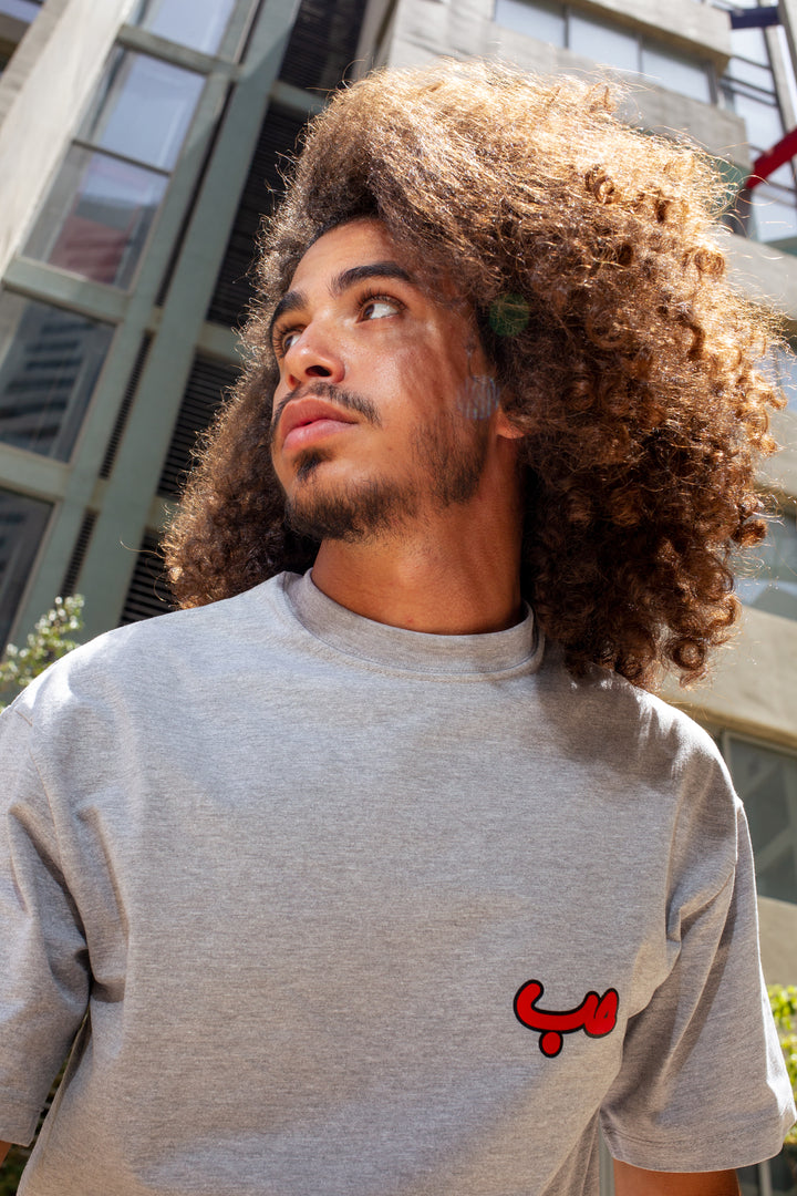 Young adult male wearing an Oversized grey T-shirt with Hobb written in Arabic حب and printed in red silkscreen on the side of the shirt. Standing in front of a modern building.