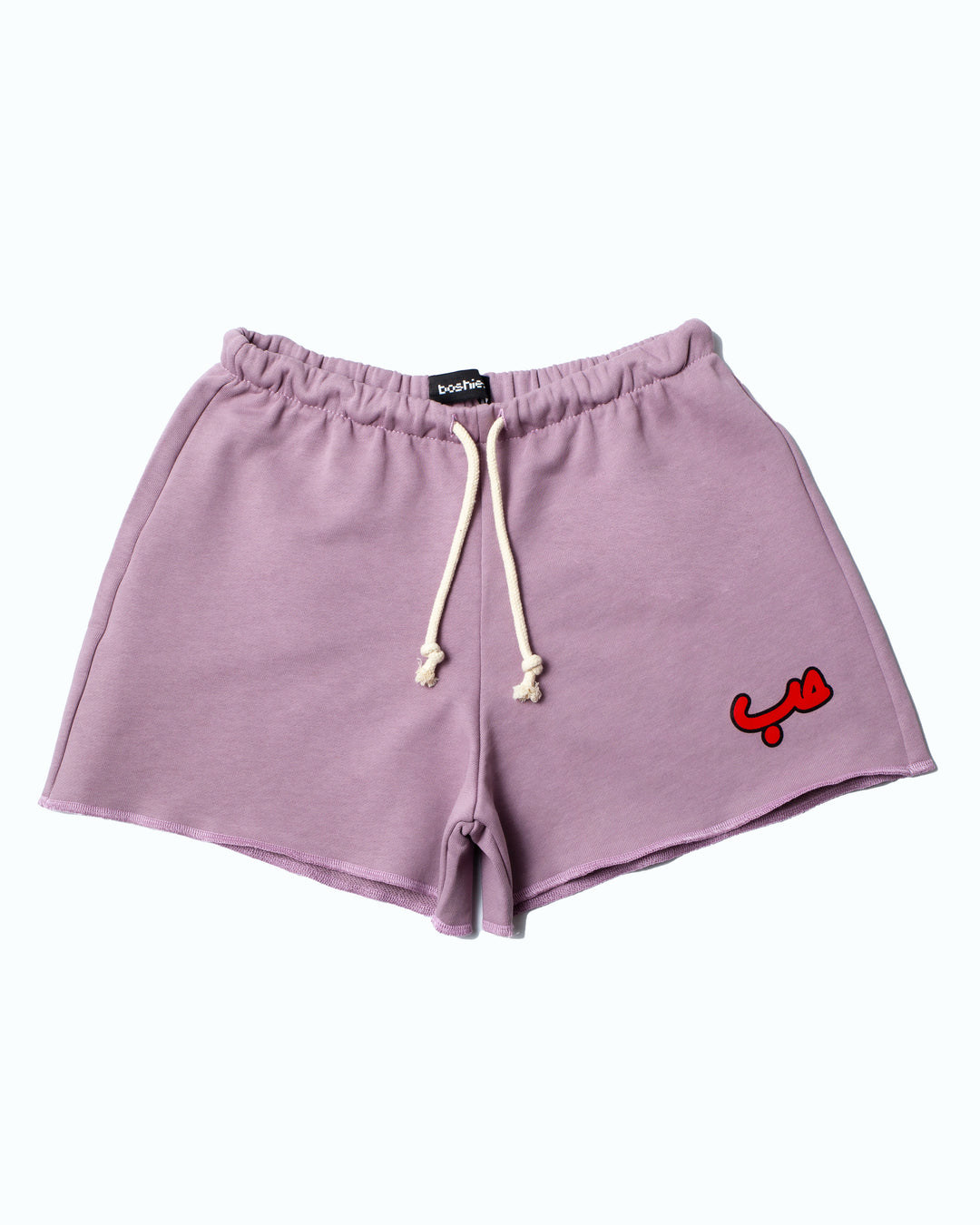 Flared Lavender Short with Hobb written in Arabic حب and printed in red silkscreen on the side of the short.