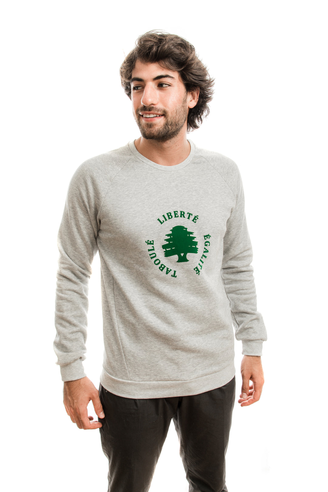 Young adult male wearing grey Sweater with Liberté Égalité Taboulé written in French and printed in green velvet in the center of the sweater along with black trousers.