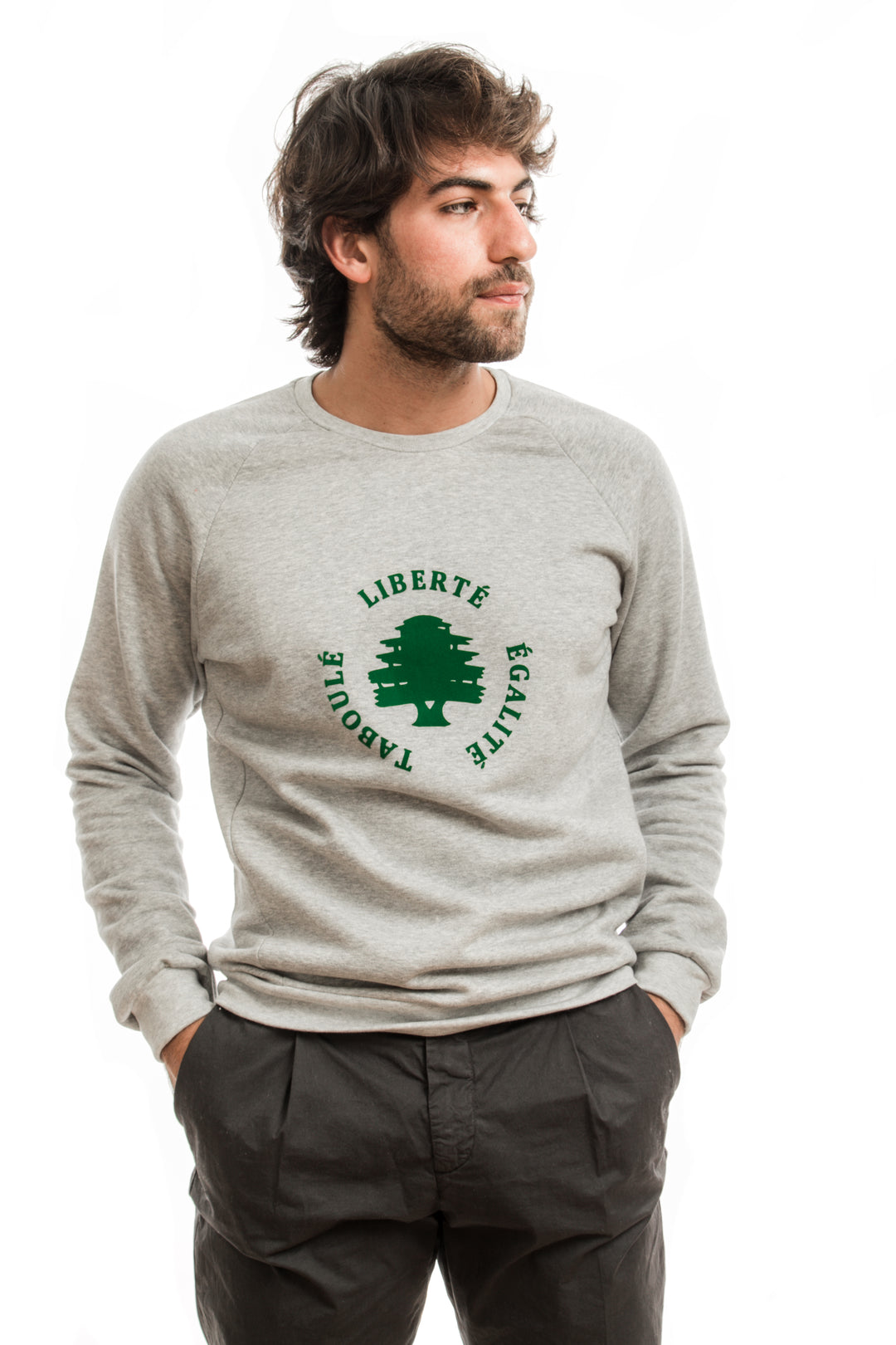 Young adult male wearing grey Sweater with Liberté Égalité Taboulé written in French and printed in green velvet in the center of the sweater along with black trousers.
